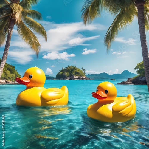 Giant rubber duck floating in the ocean with a small island on its back, surrounded by tropical palm trees and crystal clear water, bright and sunny day, calm seas, cinematic lighting, Generative AI
