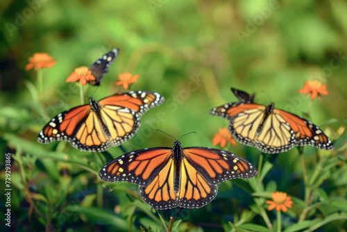 Monarch Butterflies in Their Natural Environment. The Natural Beauty of the Butterflies Surrounded by Plants and Flowers. © cwa