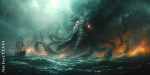 Kraken is a mythological sea monster in the form of a giant octopus that can attack fishing boats. ai generated photo