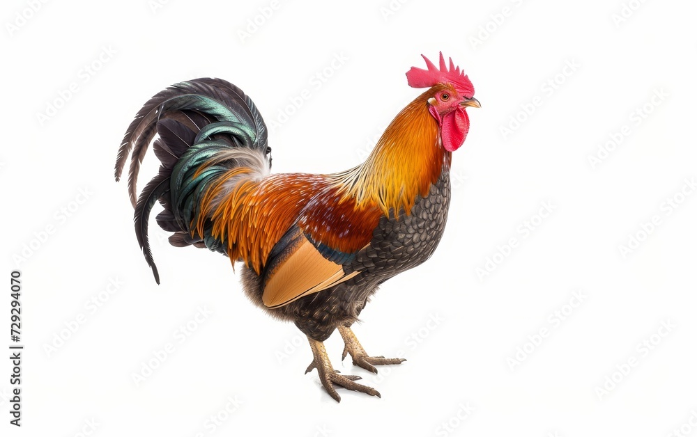 A vibrant, colorful rooster stands proudly, showcasing its richly hued feathers against a white background.