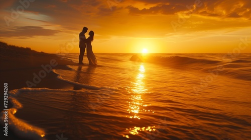 a honeymoon couple lost in love's embrace, their silhouettes etched against the golden hues of the horizon.