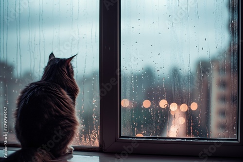 maine coon on a cozy windowsill, watching a rainy cityscape