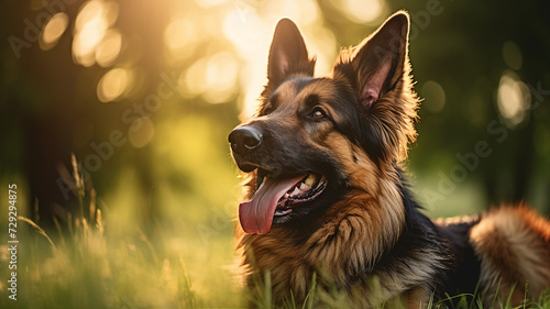 A majestic German shepherd dog basking in the golden hour sunlight