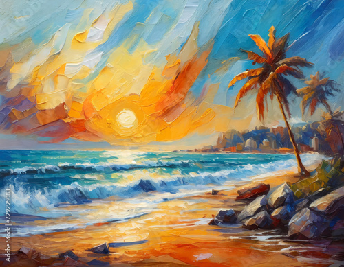 Tropical beach shore landscape with palm trees scenery art oil painting