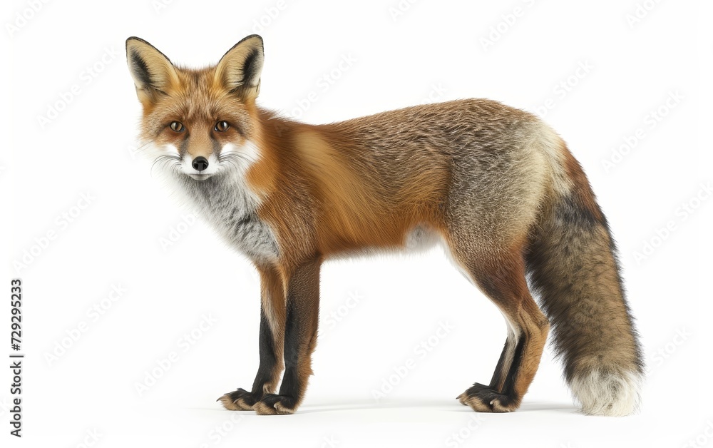 A vivid, detailed image of a standing fox, showcasing its rich fur and intense gaze, isolated on a white background. A vivid, detailed image of a standing fox, showcasing its rich fur and intense gaze, isolated on a white background.