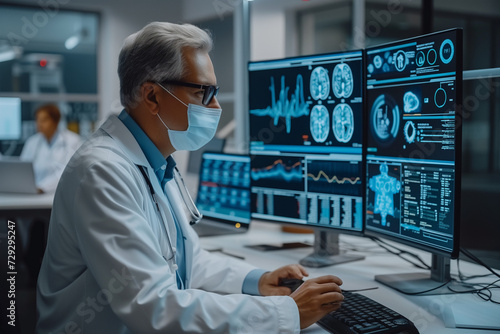 Predictive analytics in preventive healthcare. White male researcher is analysing results on a computer screen. Caucasian man, doctor, is investigating the cause of  chronic diseases on a monitor photo