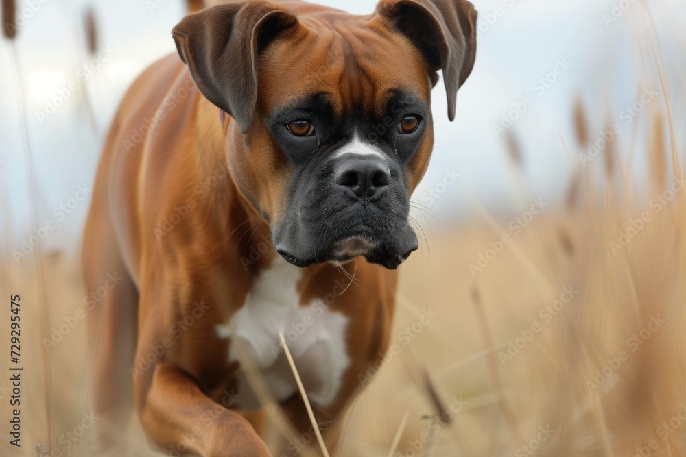 boxer dogs face closeup, determination as it runs forward