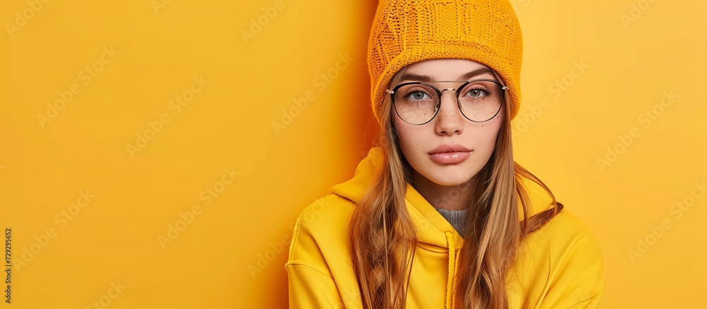 Φωτογραφία Stylish teenage girl wearing trendy glasses, yellow hoodie, and knitted hat poses for camera on orange background