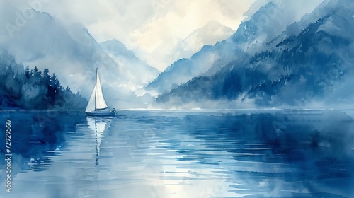 Water color with boat on the lake.