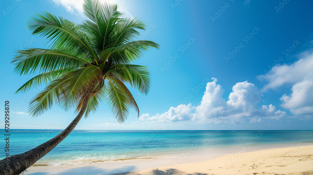 coconut palm, turquoise ocean, sandy beach. natural background, amazing landscape.