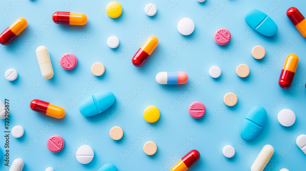 colourful drugs, pills, vitamins. health care. blue background. top veiw colourful drugs, pills, vitamins. health care. blue background. top veiw