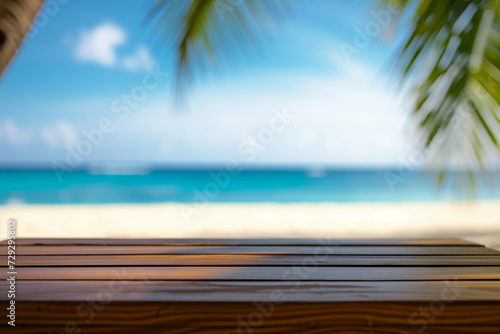 beachside table with blurred ocean backdrop