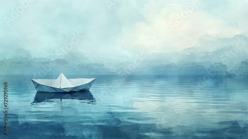 Water color with boat on the lake.