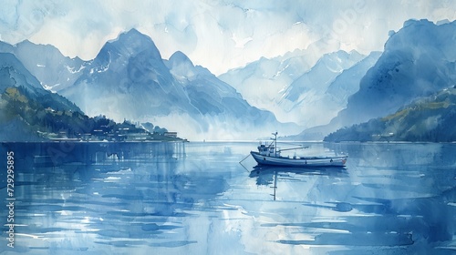 Water color with boat on the lake.