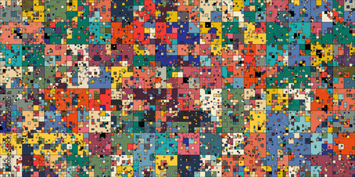 Seamless geometric pattern with flat pixelated layered multicolored random sized squares with outlines. Modern trendy rectangular retro pattern mosaic design for banner, poster, fabric print, textile