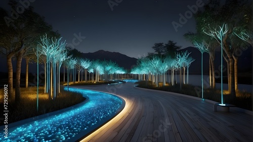 A Breathtaking Sunset Illuminates a Charming Walking Path Adorned with Shimmering Lights