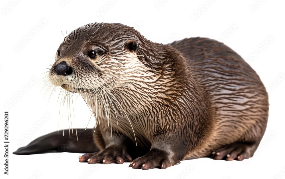 Close-up of a brown otter lying down, looking at the camera with a white background. Close-up of a brown otter lying down, looking at the camera with a white background.