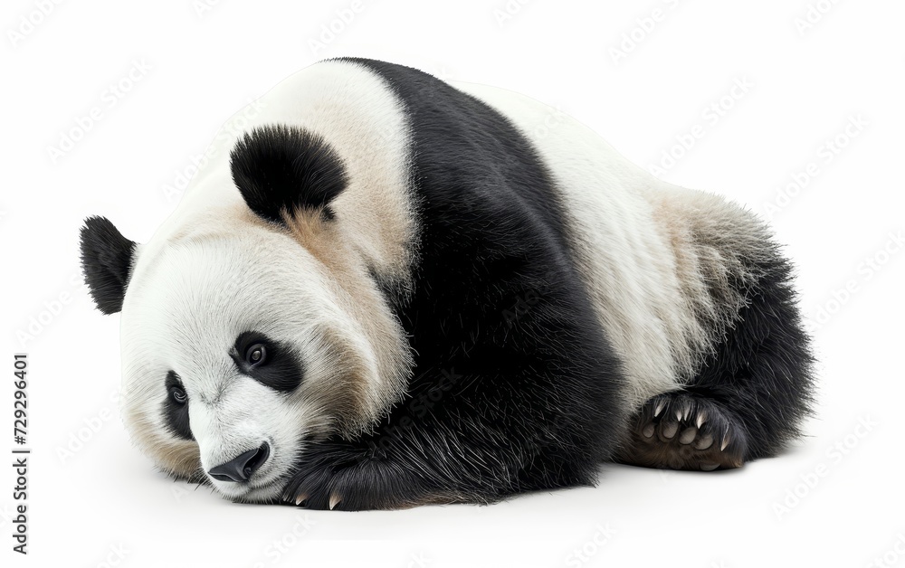 A close-up of a relaxed panda lying down, showcasing its iconic black and white fur isolated on white background. A close-up of a relaxed panda lying down, showcasing its iconic black and white fur isolated on white background.