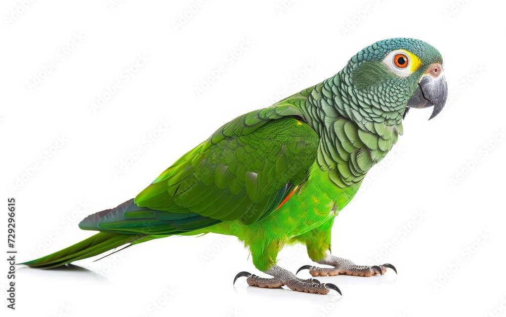 A vibrant green parrot with detailed feathers, a keen eye, and a strong beak, isolated on a white background.