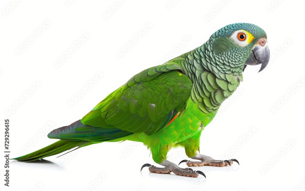 A vibrant green parrot with detailed feathers, a keen eye, and a strong beak, isolated on a white background. A vibrant green parrot with detailed feathers, a keen eye, and a strong beak, isolated on a white background.