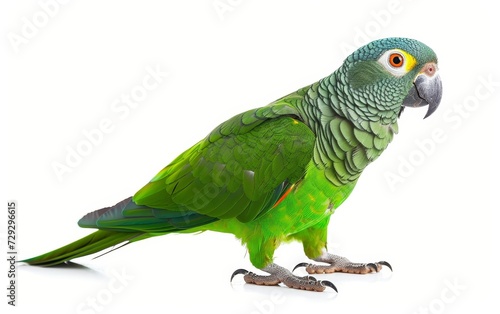 A vibrant green parrot with detailed feathers, a keen eye, and a strong beak, isolated on a white background.