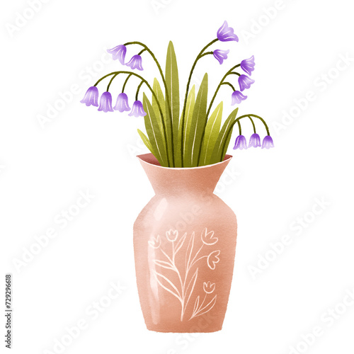 Brown clay vase with blue lilies. Hand drawn illustration on isolated background