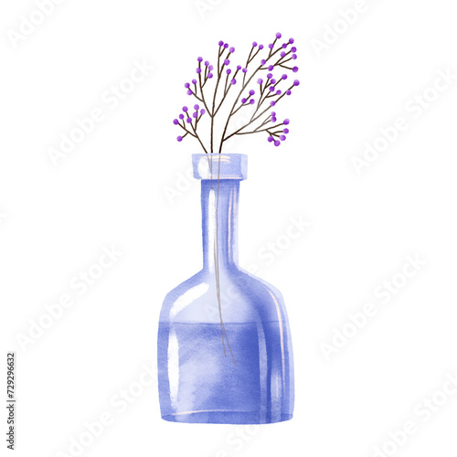 Branch with pink berries in a glass bottle. Bouquet in a vase. Hand drawn illustration on isolated background