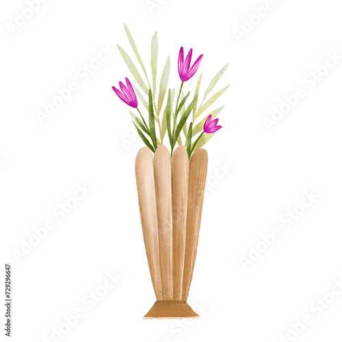Brown tall vase with pink tulips and decorative leaves. Bouquet in a vase. Hand drawn illustration on isolated background