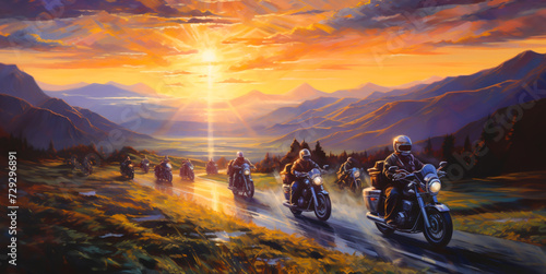 Motorcycle caravan drawing In nature there are mountains, sunlight, rivers, rural atmosphere. photo