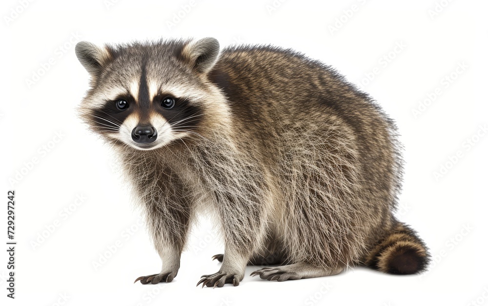 A close-up of a raccoon, showcasing its detailed fur and expressive eyes, isolated on a white background.