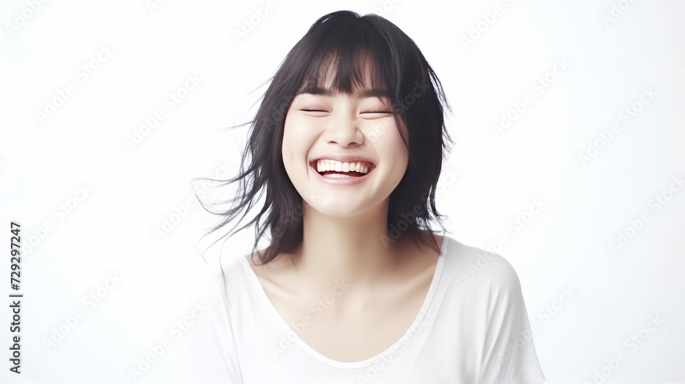 Smile That Lights Up, the sheer delight of a young woman is evident in her big, beaming smile that lights up the frame against a solid studio background. Generative AI. Smile That Lights Up, the sheer delight of a young woman is evident in her big, beaming smile that lights up the frame against a solid studio background. Generative AI.