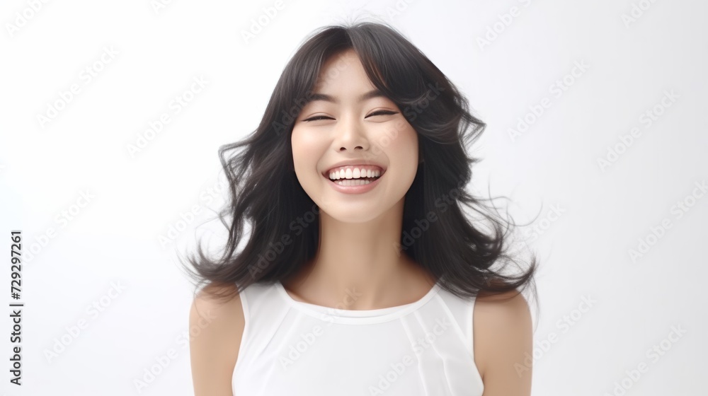 Smile That Lights Up, the sheer delight of a young woman is evident in her big, beaming smile that lights up the frame against a solid studio background. Generative AI. Smile That Lights Up, the sheer delight of a young woman is evident in her big, beaming smile that lights up the frame against a solid studio background. Generative AI.