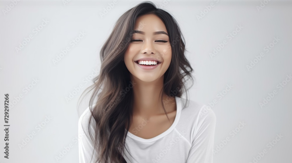 Smile That Lights Up, the sheer delight of a young woman is evident in her big, beaming smile that lights up the frame against a solid studio background. Generative AI. Smile That Lights Up, the sheer delight of a young woman is evident in her big, beaming smile that lights up the frame against a solid studio background. Generative AI.