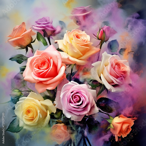 Beautiful abstract bouquet of flowers in smoke