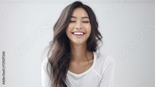 Smile That Lights Up, the sheer delight of a young woman is evident in her big, beaming smile that lights up the frame against a solid studio background. Generative AI.