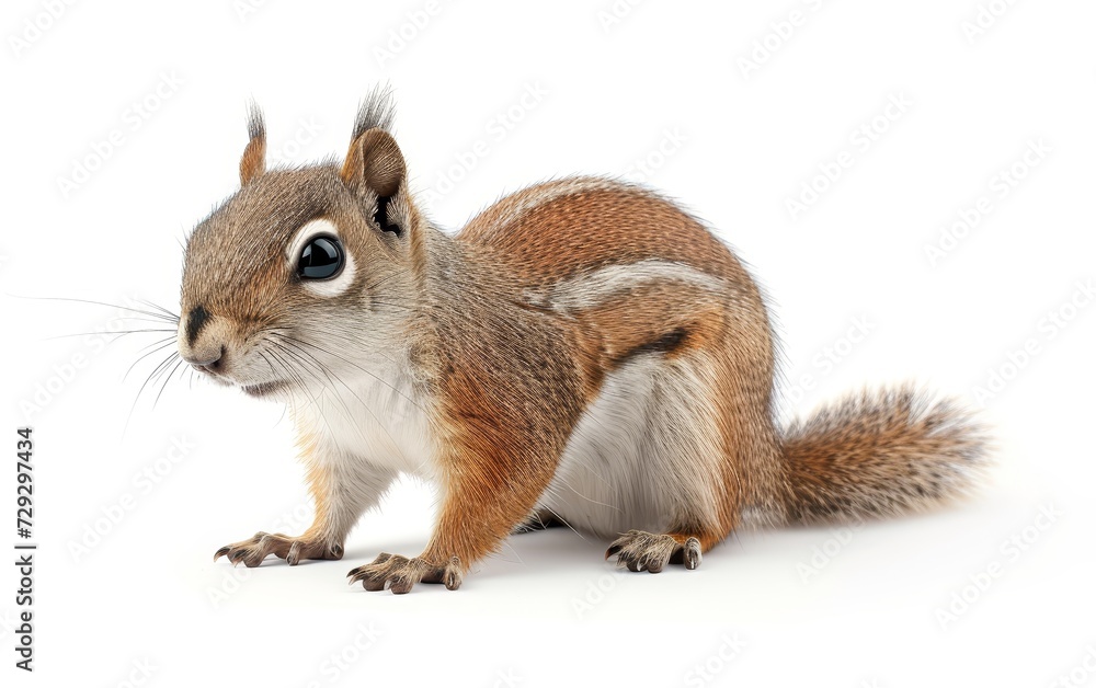Close-up of a cute, alert squirrel with detailed fur and big eyes, isolated on a white background. Close-up of a cute, alert squirrel with detailed fur and big eyes, isolated on a white background.