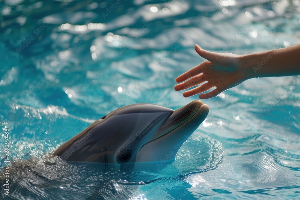 Dolphin in swimming pool, close-up of hand and dolphin