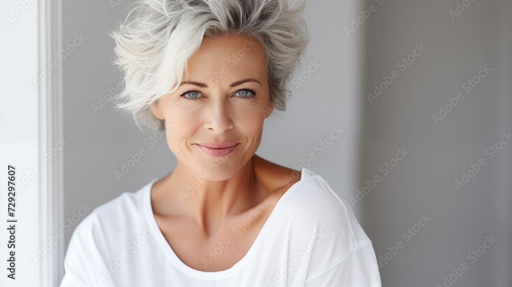 Beautiful blond middle aged woman smiling face looking at camera portrait. Elegant mature lady no makeup 50 years old. Women's health, cosmetology, skin care concept.