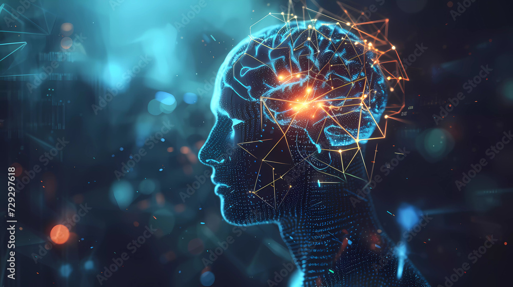Abstract human head with luminous brain network. Deep learning ,neuroscientist concept.Artificial intelligence concept. Abstract human head with luminous brain network. Deep learning ,neuroscientist concept.Artificial intelligence concept.