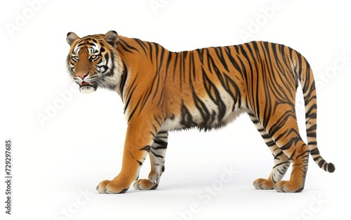 A majestic tiger, marked with bold black stripes, stands alert and poised isolated on white background. © burntime555