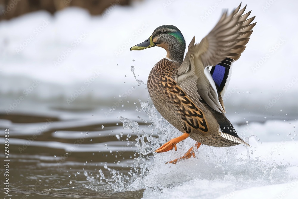 duck flapping wings vigorously, splashing near ice edge duck flapping wings vigorously, splashing near ice edge