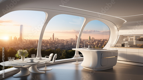 House apartment design, futuristic interior, hotel capsule with panoramic window view of the cityscape. Generative AI. photo