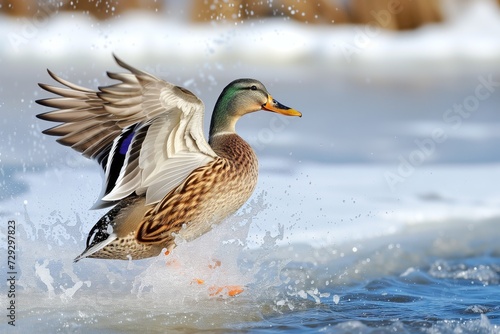 duck flapping wings vigorously, splashing near ice edge