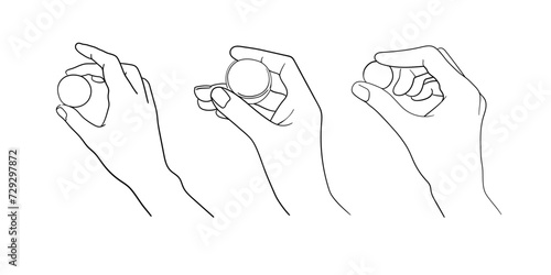 Hand set holding a coins in line art style on a white background. Money in hand continuous line drawing. Vector illustration. 