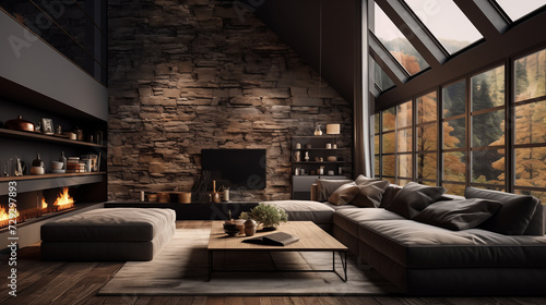 House apartment design with panoramic window, natural materials, stone, wood, granite, plants, minimalist living room. Generative AI © amixstudio