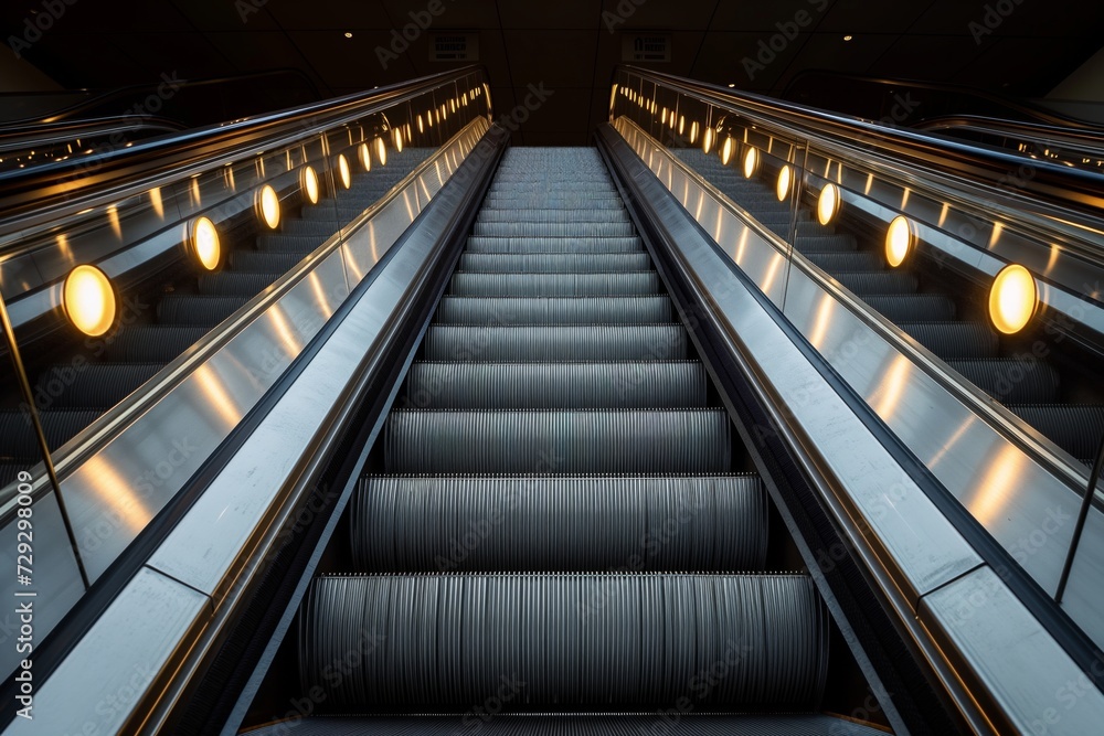 fulllength view of an empty escalator with lights on fulllength view of an empty escalator with lights on