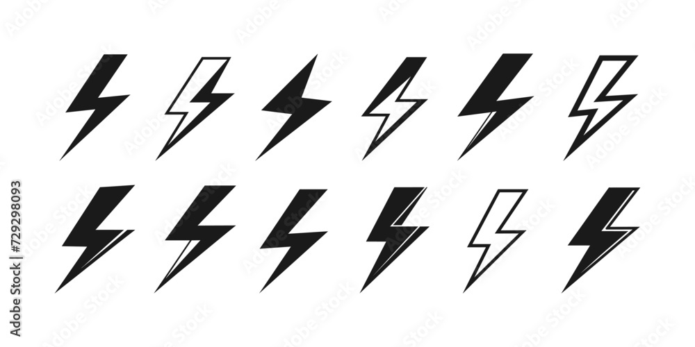 Flash lightning bolt icon set. Electric power symbol. Power energy signs isolated on white background. Vector EPS 10 - obrazy, fototapety, plakaty 