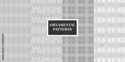 Colección de patrones vectoriales ornamentales. Fondos geométricos en tonos blancos y grises photo