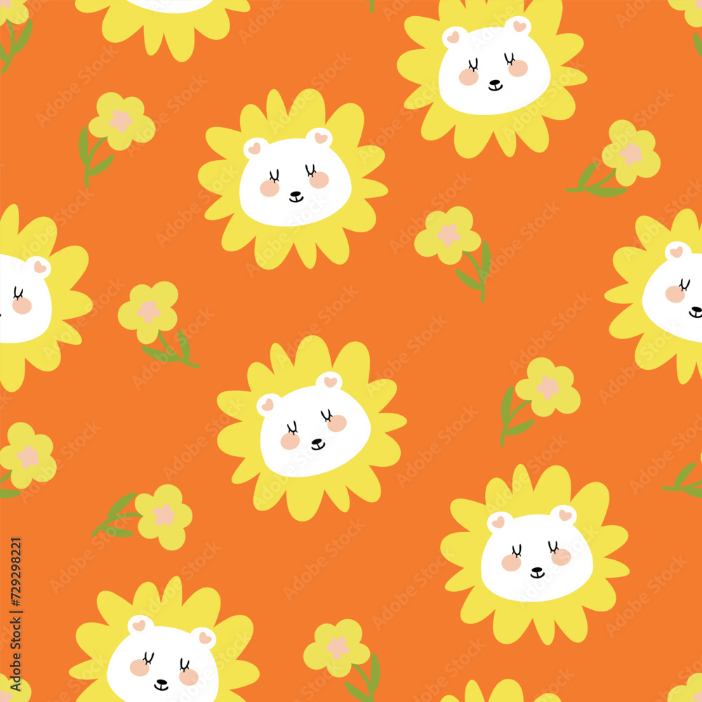 Cute seamless pattern cartoon bears and flowers in yellow. animal wallpaper for children, textiles, children's sleepwear, fabric prints, gift wrapping paper