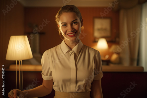 Cute smiling maid at the hotel, room cleaning.